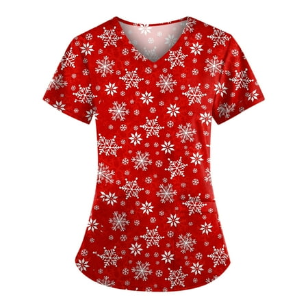 

purcolt Christmas Scrubs for Women Womens Xmas Print Professional Scrubs Tops Short Sleeve V Neck Nursing Workwear Tunic Working Uniform Medical Blouse with Pockets