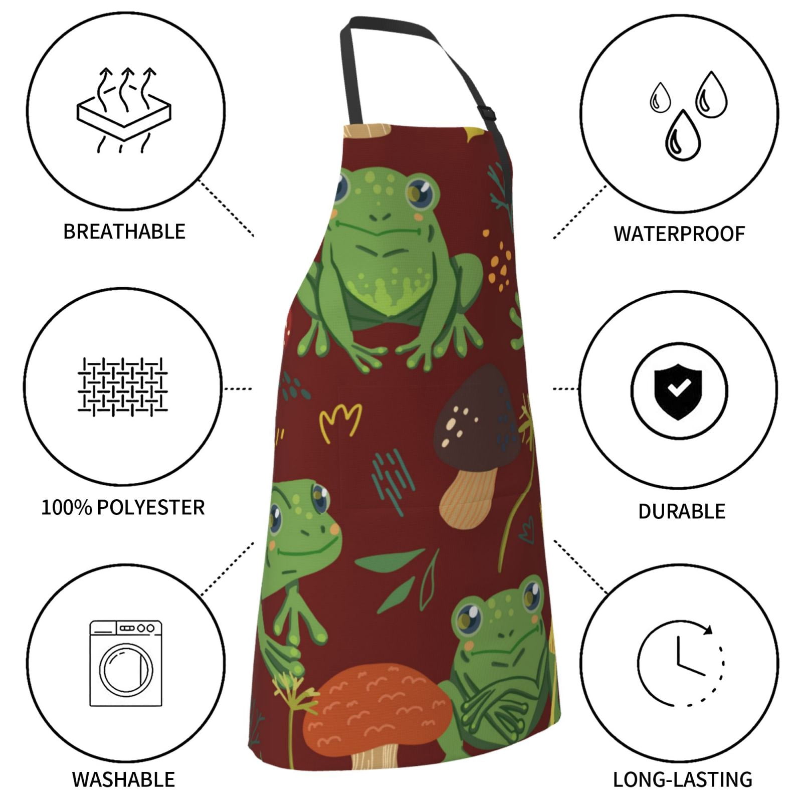 Kdxio Frogs and Mushrooms Apron with Pockets Adjustable Kitchen Aprons for Men Women Waterproof Aprons for Cooking,Drawing,Crafting, Baking Household Cleaning