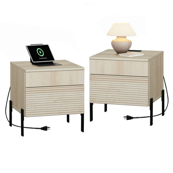 Modern Minimalist Nightstand Set Of 2, Reeded Wood End Table Set Of 2 With Built-In Charging Station For Bedroom, Living Room,Entryway