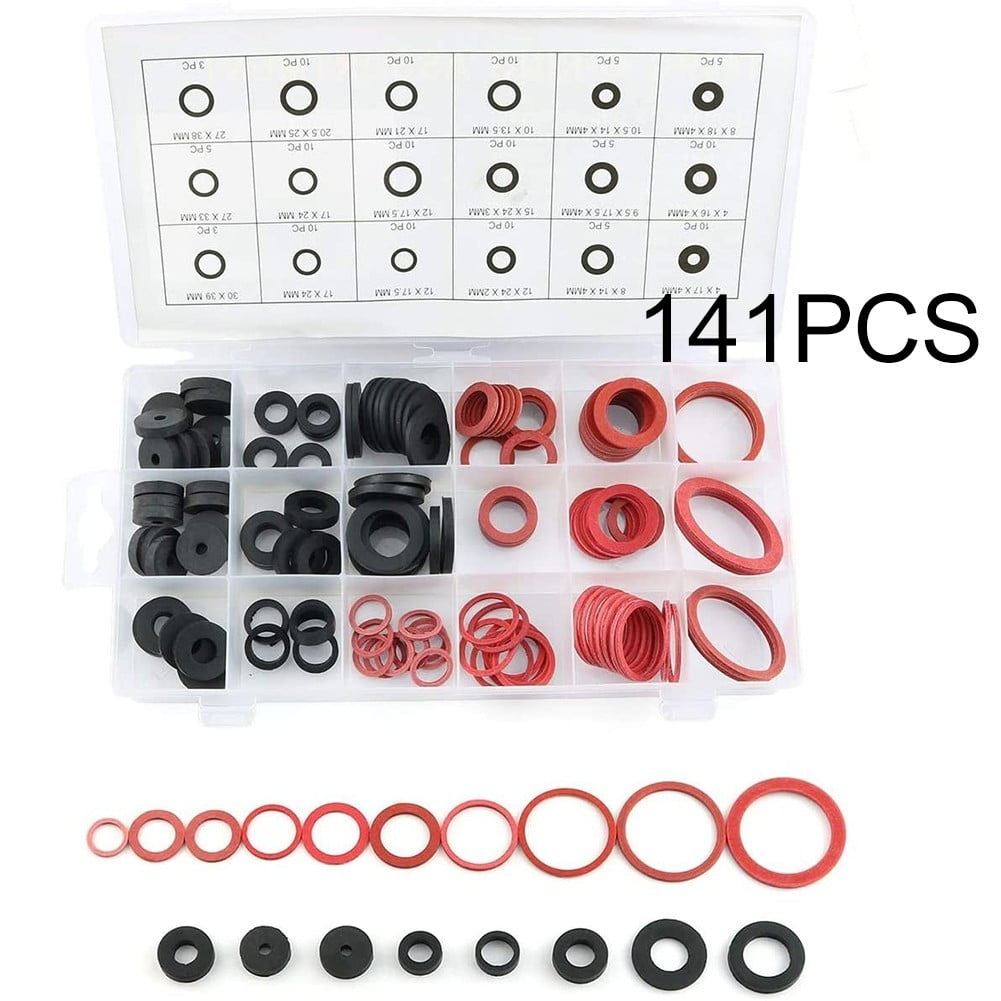QXKE 141Pcs Assorted Plumbers Washers Kit Ball Valve Tap Fiber Copper Repair Box