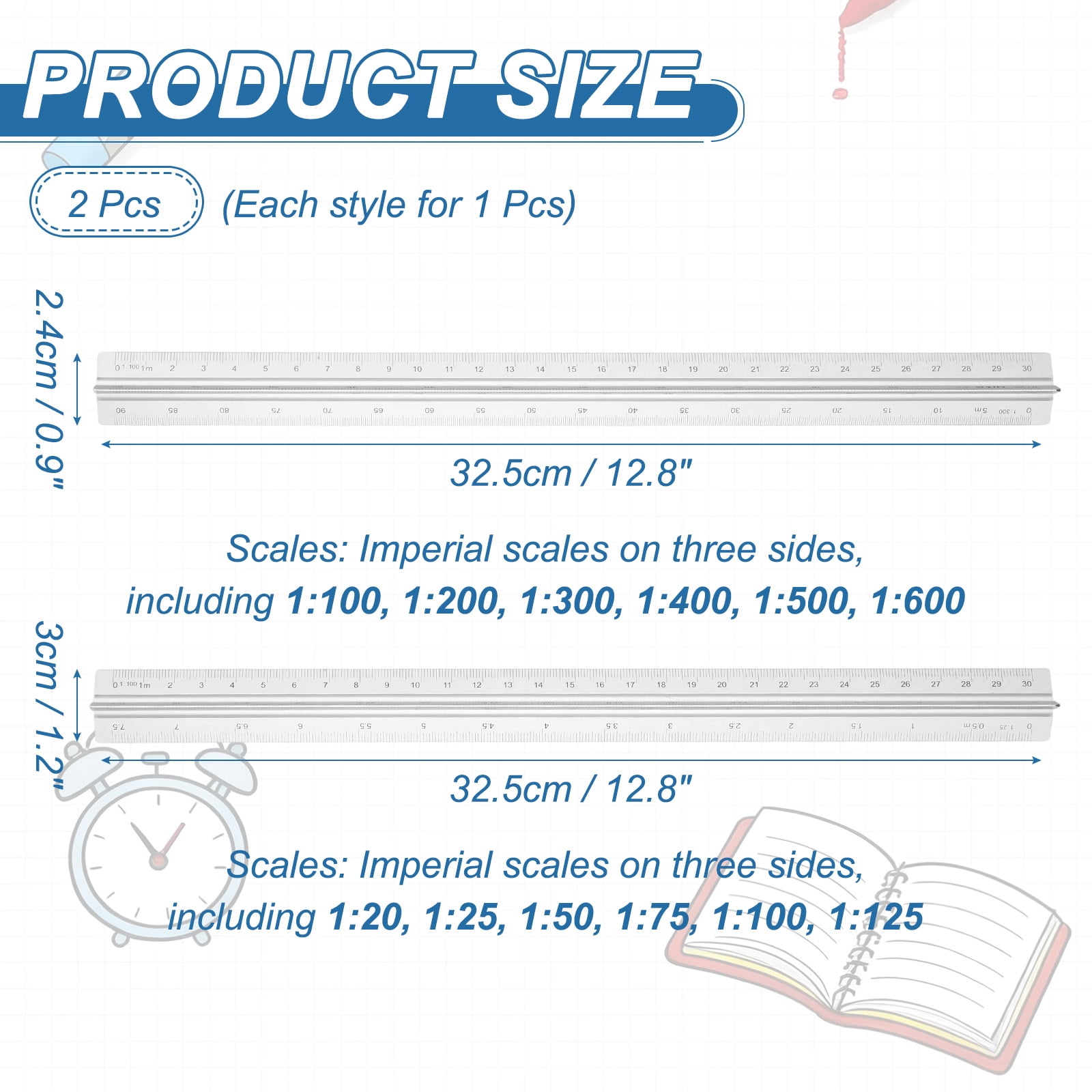 Uxcell 2Pcs Metric Engineer Scale Ruler, (13 Inch, Silver) Architectural Scale Ruler Aluminum Triangular Civil Drafting Tool for Architect Blueprint Engineering Office Supplies