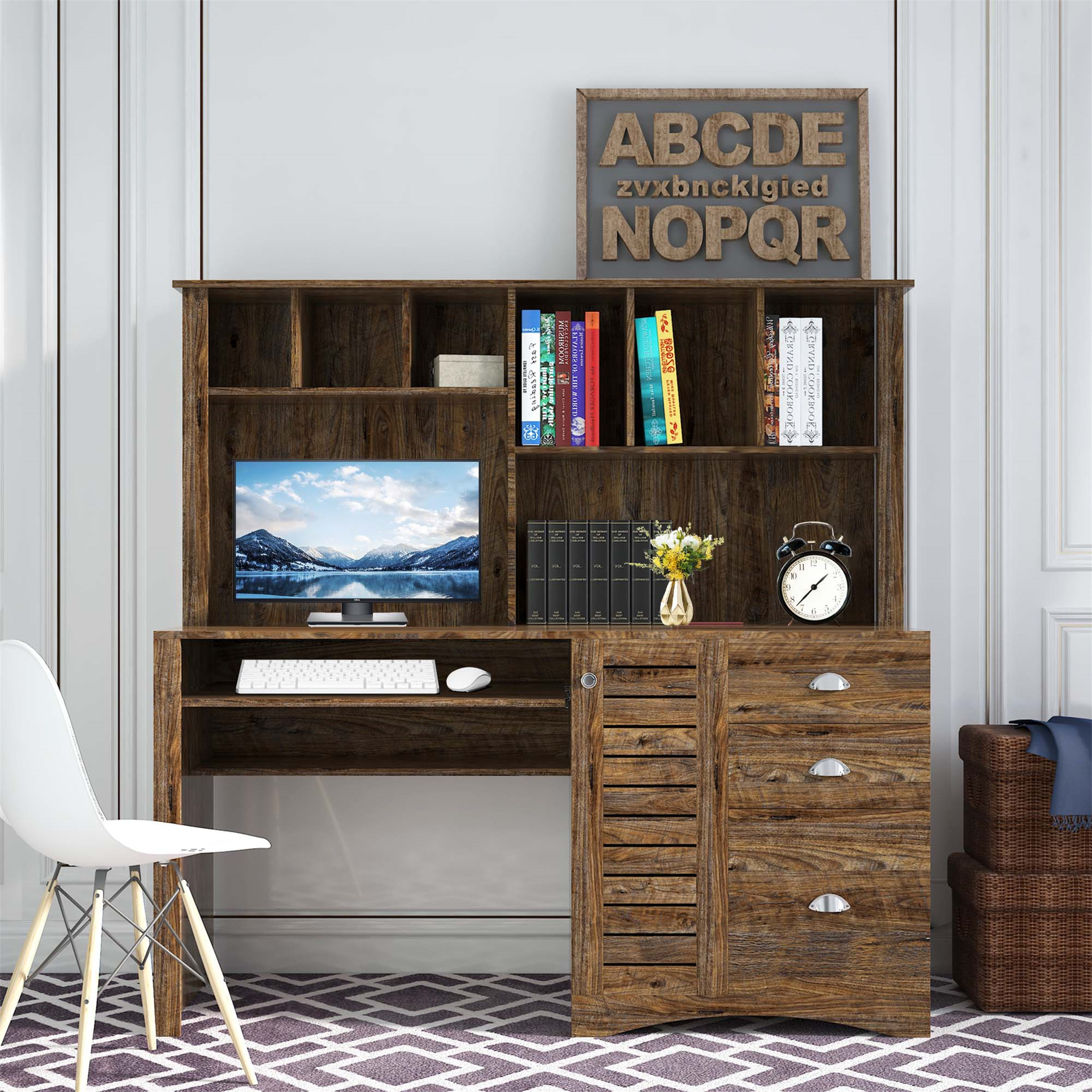 Aukfa 59" Computer Desk with Hutch for Home Office, 3 Drawers, Keyboard Tray, Brown