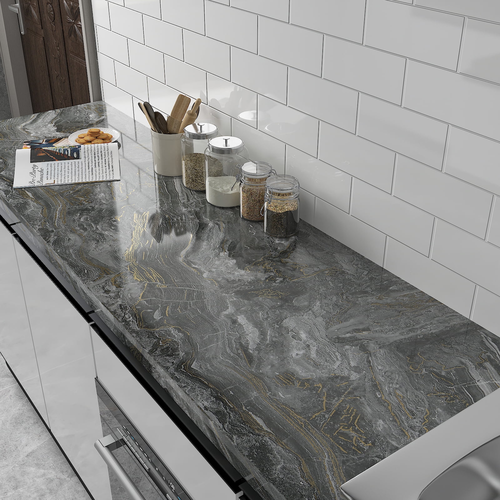 CHIHUT Dark Grey Marble Peel and Stick Countertops Contact Paper 17.7"x236" Waterproof Peel and Stick Marble Wallpaper for Kitchen Counter Tops Self Adhesive Marble Contact Paper for Cabinets Liners