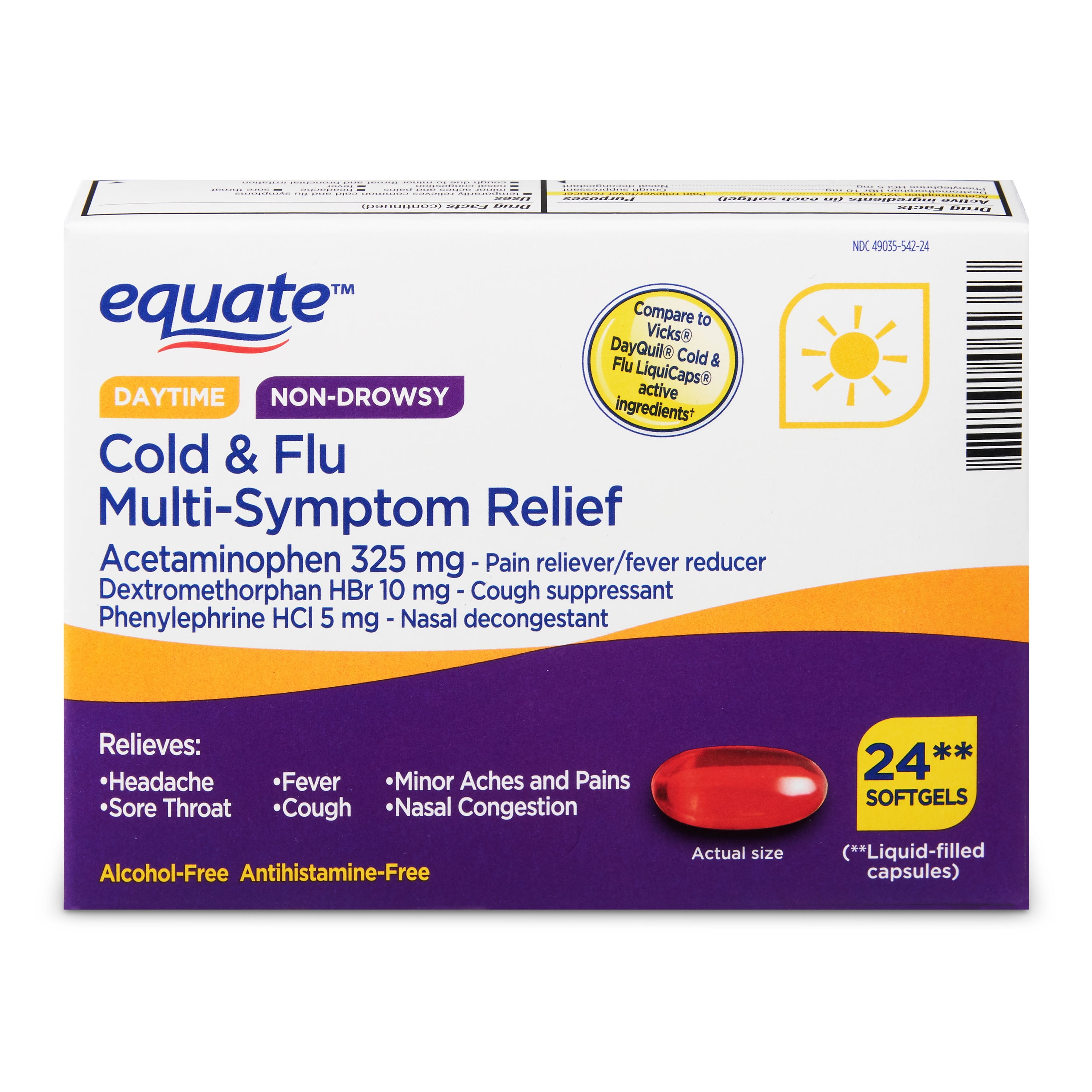Equate Daytime NonDrowsy Cold & Flu MultiSymptom Relief Softgels, 24 Count