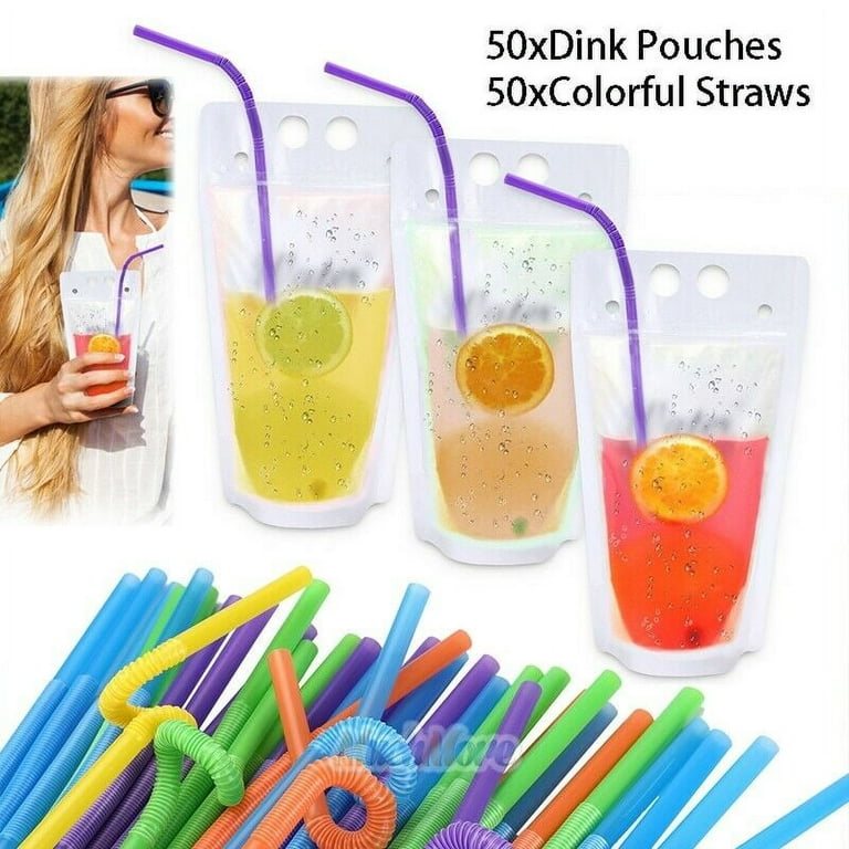 100pcs Reusable Drink Pouches with Individually Wrapped Straws,Clear Smoothies Juices Pouches Bags Stand Up Plastic Double Zipper Frozen Drink
