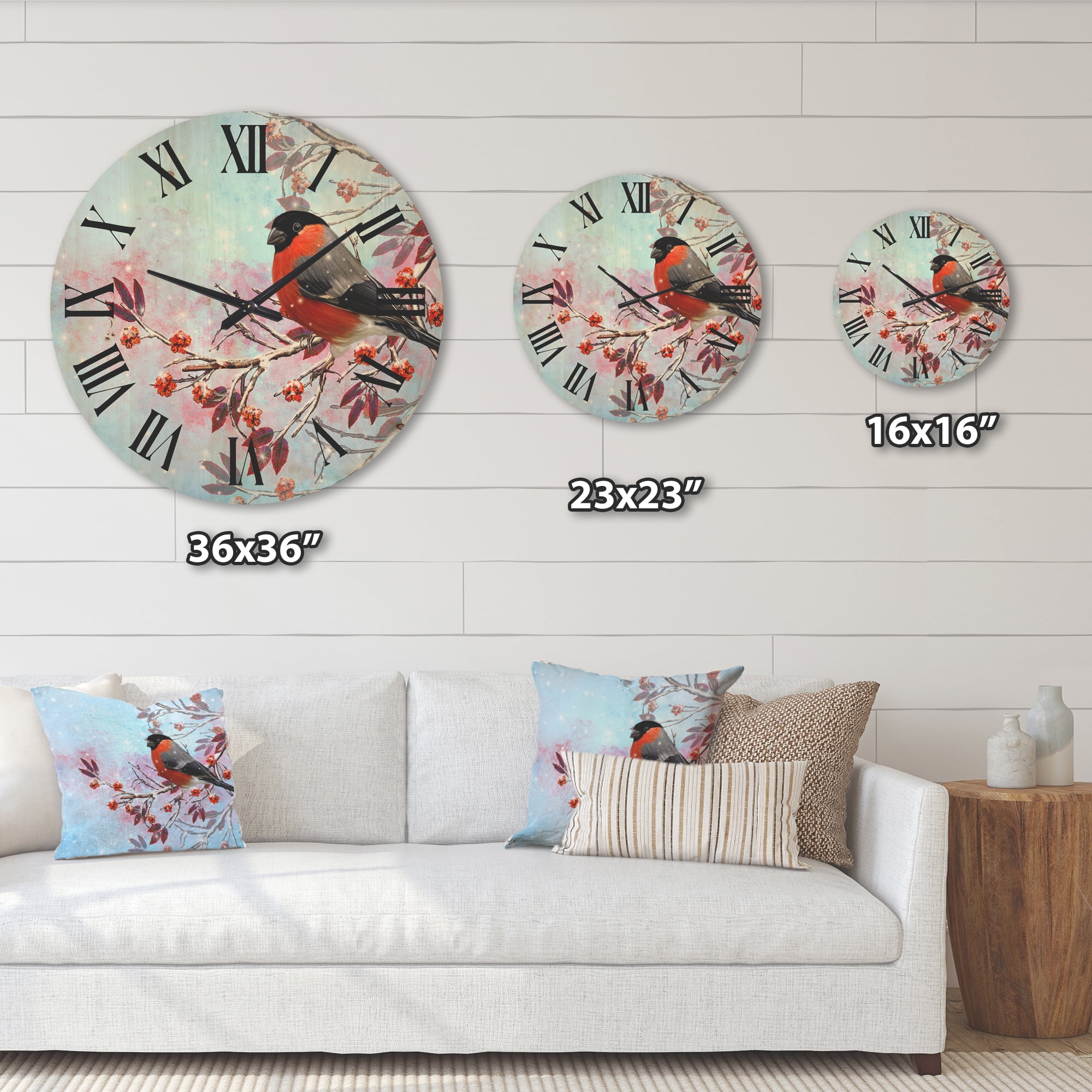 Designart 'A Bright Bullfinch Bird Sitting On A Branch' Traditional Wood Wall Clock
