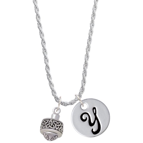 Delight Jewelry Silvertone Celtic Knot Trinity Band Spinner Silvertone Script Initial Disc - Y - Charm Necklace, 20"+3"