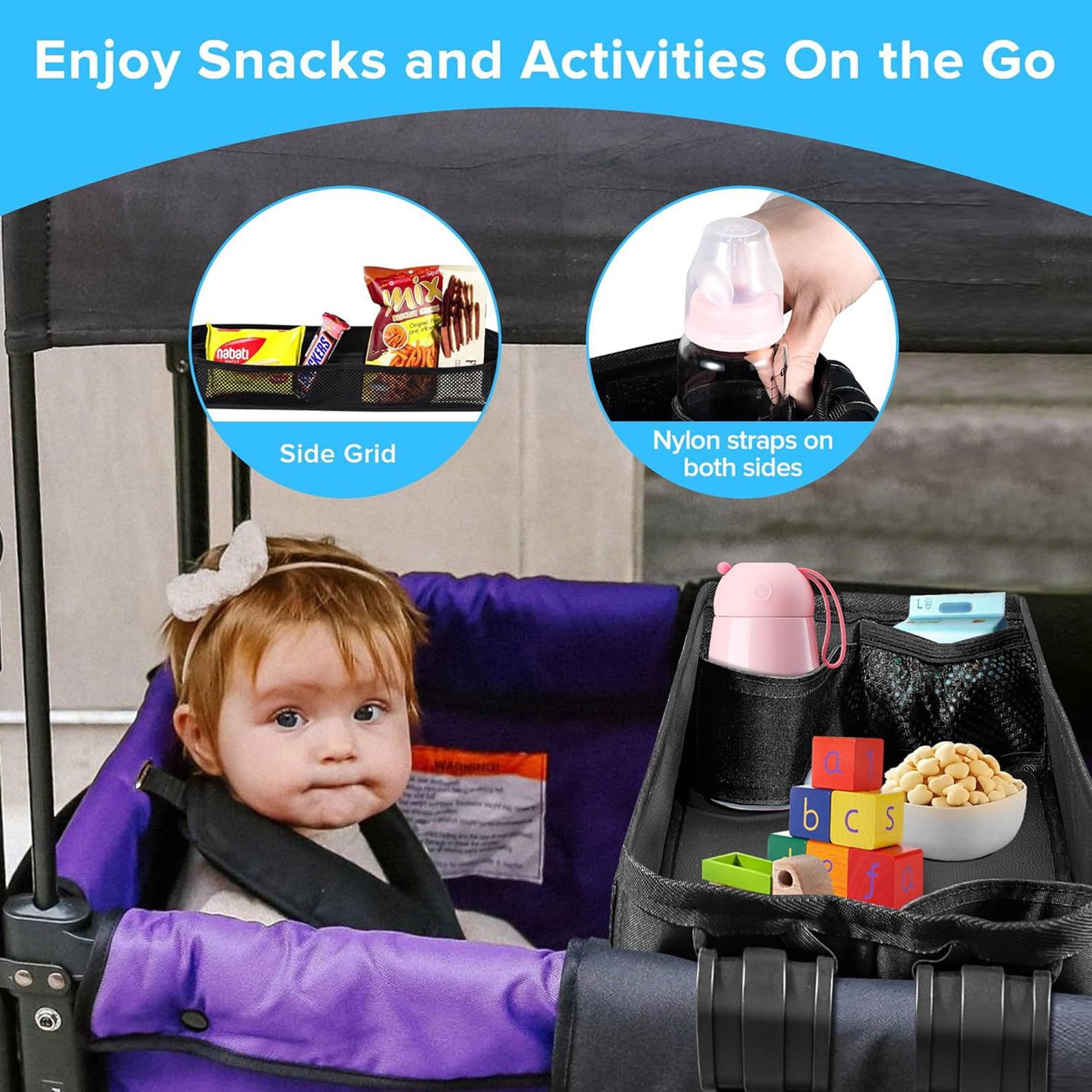 Upgraded Stroller Snack Tray with Extra Thick Base Leather Sides and Side Mesh Pockets for Enhanced Durability and Convenience