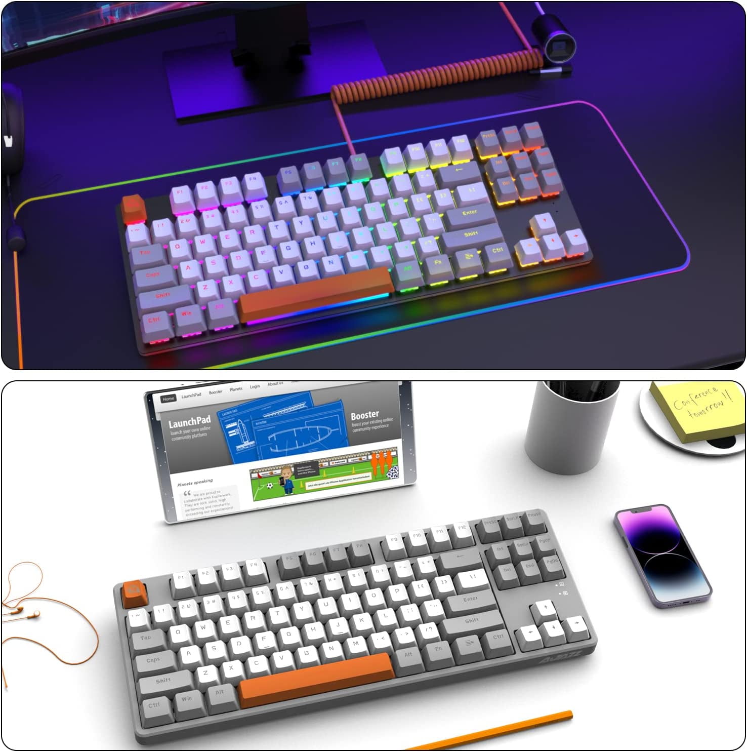 Ajazz AK873 Wired Hot Swappable Mechanical Keyboard, Coiled Cable, 22 RGB Backlit, Classic 3 Color PBT Floating Keycaps, 87% Keyboard with Detachable Magnet Cover, Custom DIY Keyboard
