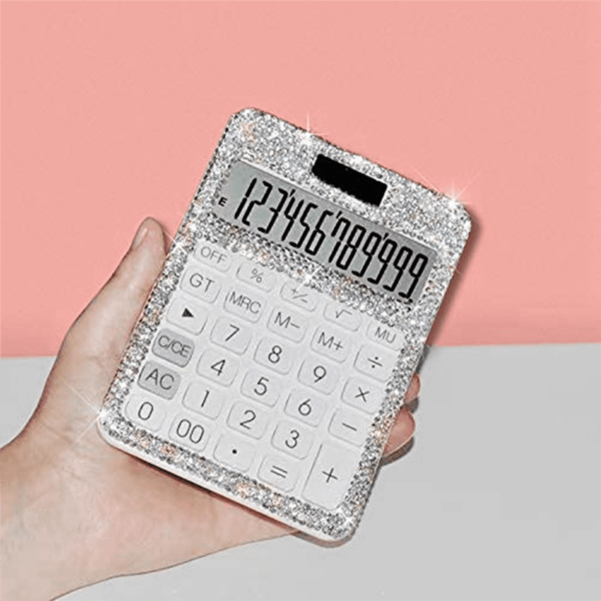 3X Rhinestone Crystal Dazzling 12 Digit Solar and Battery Dual Power ,LCD Display Calculator for Office, School White