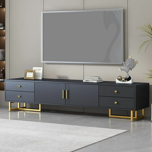 Modern TV Stand for TVs up to 75'', Freestanding Wood Gaming Entertainment Center with 4-Drawer & 2 Cabinets,TV Console Cabinet for Living Room, Gold Metal Legs (Black)