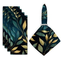 Bahomeck Napkins Set Of 4 Reusable Washable Square Fabric Dining Table Napkins Weddings Party Dinner Decor,18*18 Inch,Golden And Green Leaves On Dark Blue