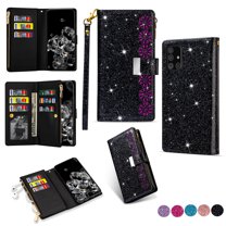Allytech Flip Cover for Samsung Galaxy A71 5G, PU Leather Glitter Bling Design Kickstand Shockproof Multiple Cards Slots Zipper Pocket Wallet Case Cover for Girls Women, Black