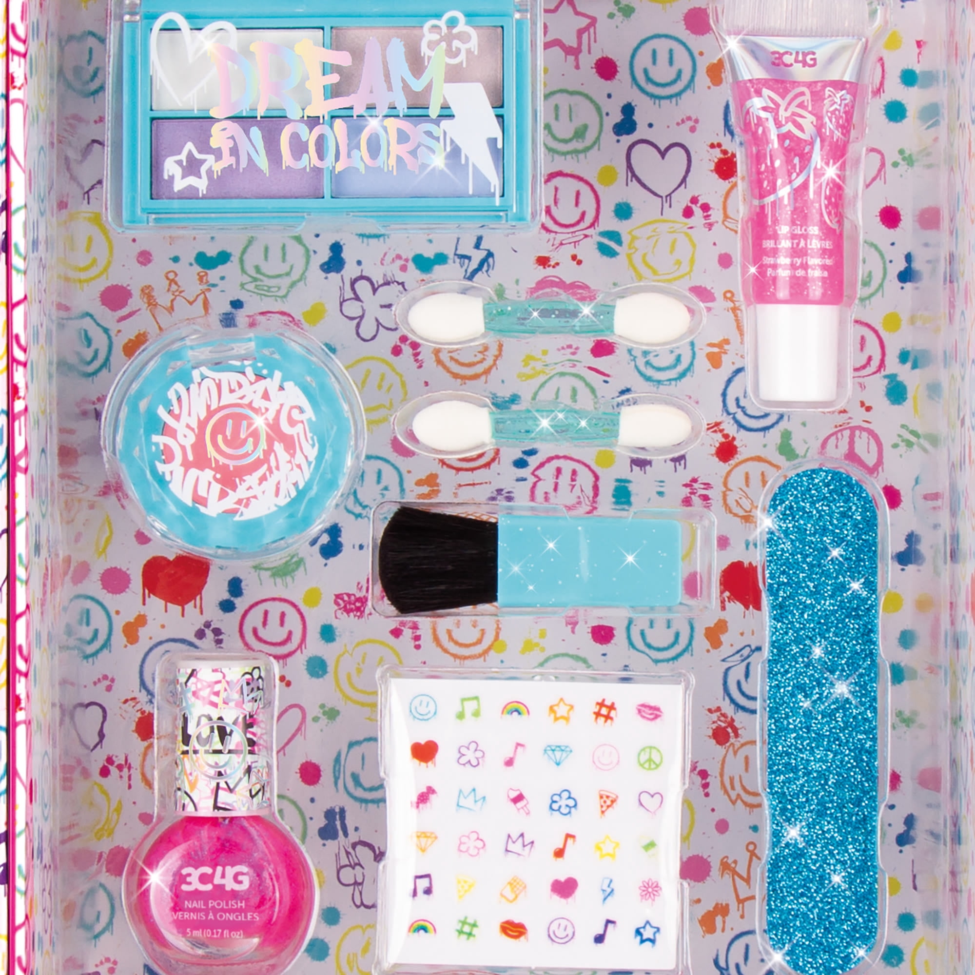 3C4G: Graffiti: Cosmetic Wardrobe Kit - Make It Real, Tweens & Girls, Lips-Nails-Face, Wardrobe Case Filled With Cosmetics, Gloss, Eyeshadow, Blush, Polish & More, Three Cheers For Girls, Kids Ages 6+