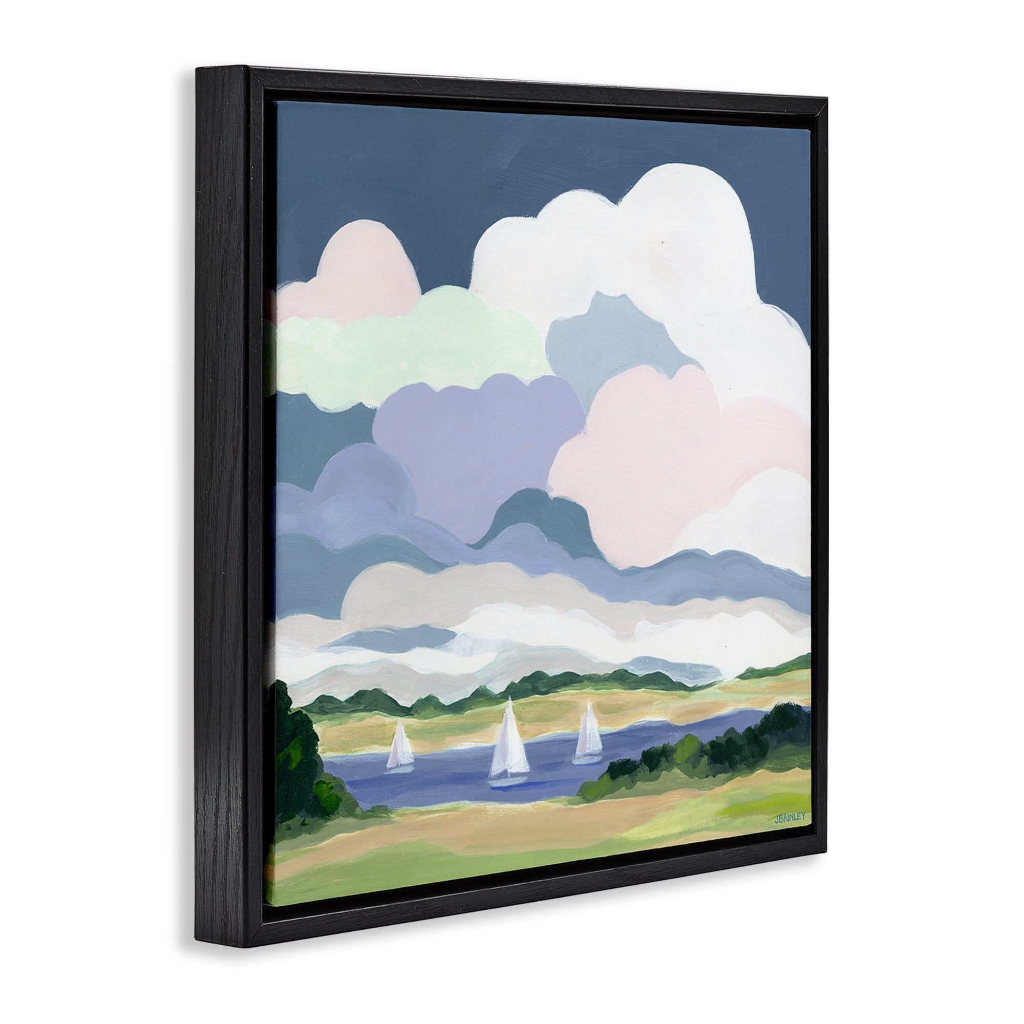 Stupell Industries Lake Sailboats with Clouds Landscape & Nature Painting Black Floater Framed Canvas Art Print Wall Art, 18 x 18