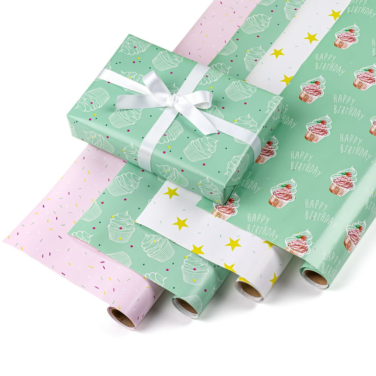 Gift Wrapping Paper Jumbo Roll with 4 Design - Ice Cream/ Sequins in Pink/  Star/ Green Happy Birthday Print for Birthday - 40 x 120 inch x 4 Rolls 