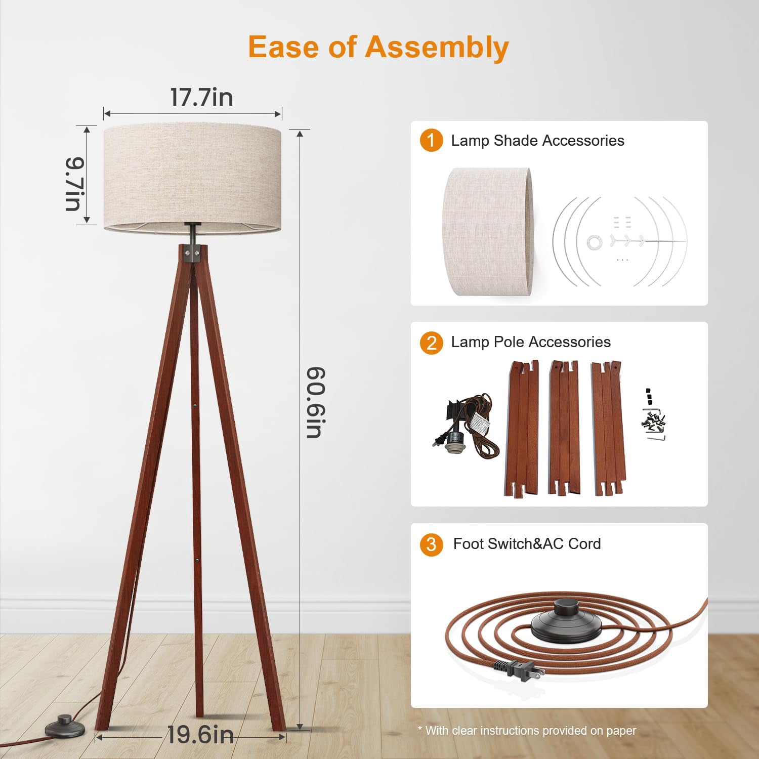 Wood Tripod Floor Lamp  Mid Century Standing Modern Design Studying Light For Living Room Bedroom Study And Office Flaxen Linen Shade With E26 Base Brown