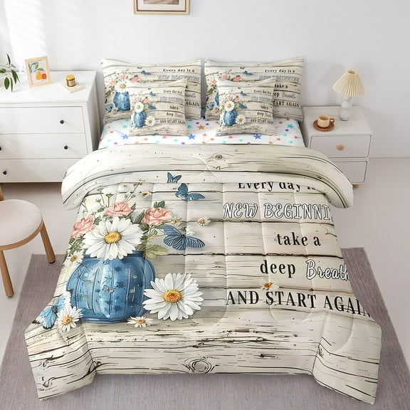 Erosebridal Lodge Cabin Bedding Twin Size, Daisy Flower Bed in a Bag Twin size, Rustic Farmhouse Reversible Bed Set, Breathable Room Decoration, 7pcs