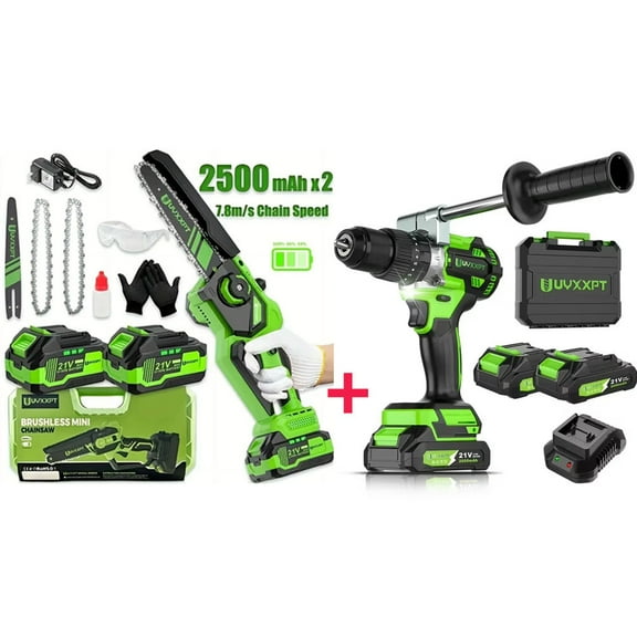 TokScreen 8 Inch Cordless Electric Chainsaw 2 Battery with Electric Impact Driver 2 Battery Cordless 1/2'' Chuck Drill Driver Kit