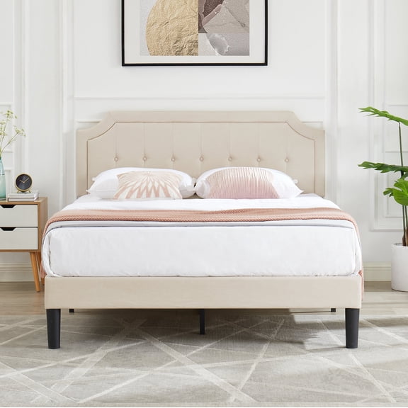 Javlergo Queen Size Bed Frame with Upholstered Adjustable Diamond Stitched Panel Headboard, Wood Slat Support/Easy Assembly, Beige