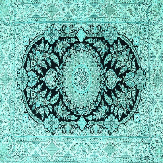 Ahgly Company Machine Washable Indoor Square Medallion Turquoise Blue Traditional Area Rugs, 8' Square