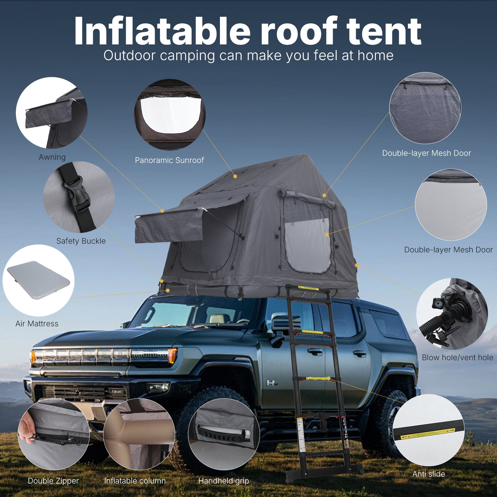 Inflatable Rooftop Tent with Air Mattress & Ladder, Waterproof Windproof Pop-Up SUV Truck Car Camping Tent with Air Pump for Overland & Outdoor Camping (Black & Grey)