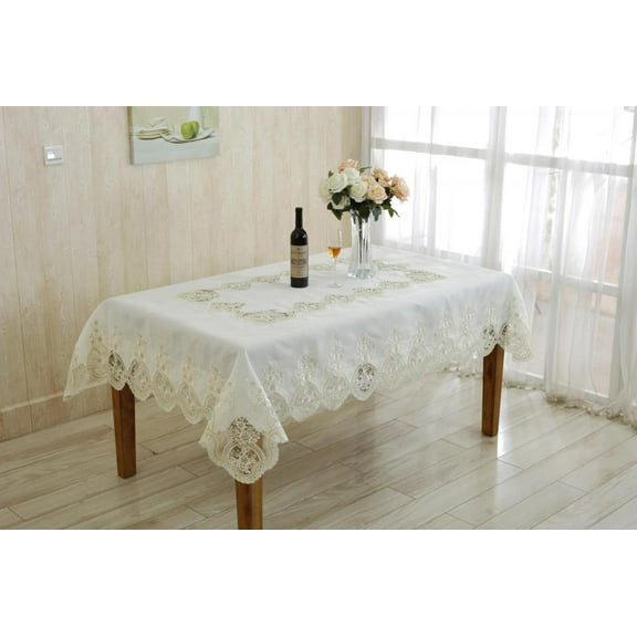 Heritage Embroidered Vintage Lace Design 66" X 159" Oblong / Rectangle Tablecloth Color White