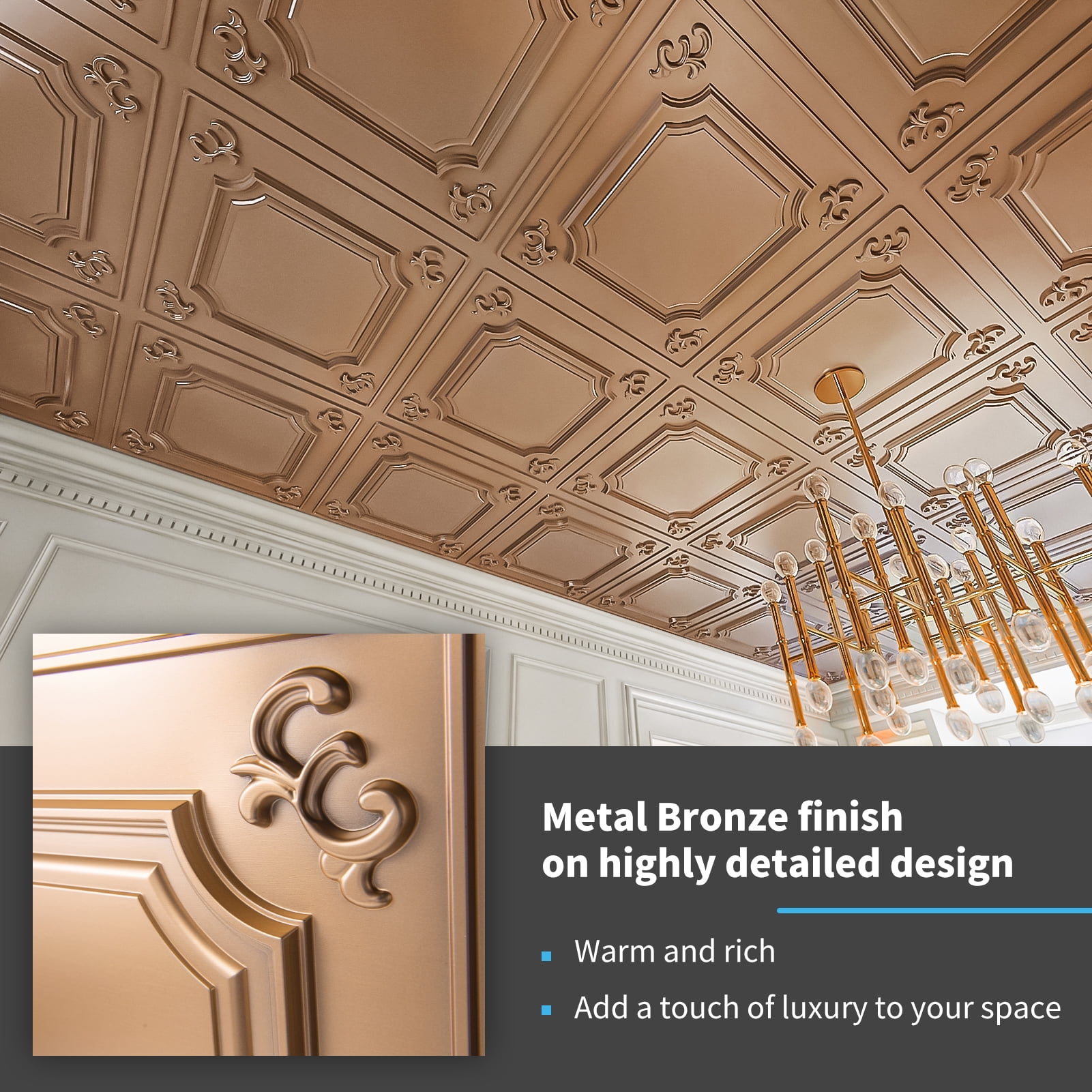 Art3d 3D Wall Panel 2ft. x 2ft. 12Tiles Glue up or Drop in PVC Ceiling Tile in Bronze