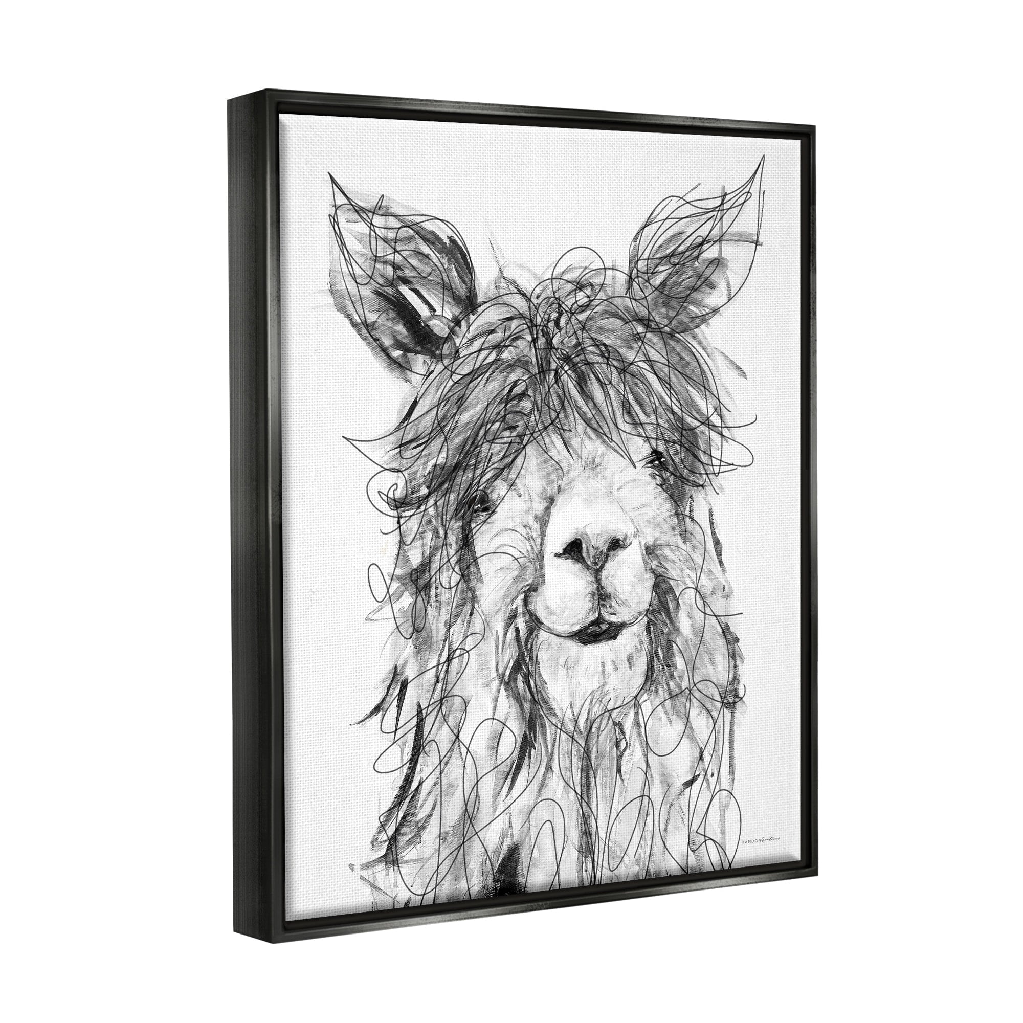 Stupell Industries Smiling Llama Alpaca Shaggy Hair Scribble Drawing Drawing Print Jet Black Floating Framed Canvas Print Wall Art, Design by Kamdon Kreations