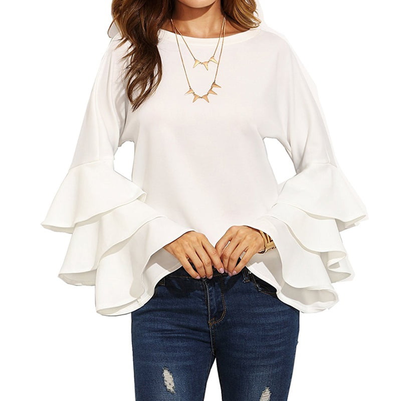 Fashion Women Flared Bell Sleeve Casual Solid Ladies Tops Blouse Shirt Tops Walmart Canada