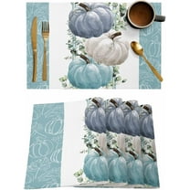 Fall Thanksgiving Washable Placemats Set of 6 Teal Pumpkin Table Mats for Kitchen Dining Table, Heat-Resistant Cotton Linen Place Mats for Indoor Outdoor Parties Holiday Decoration, Eucalyptus Leaf