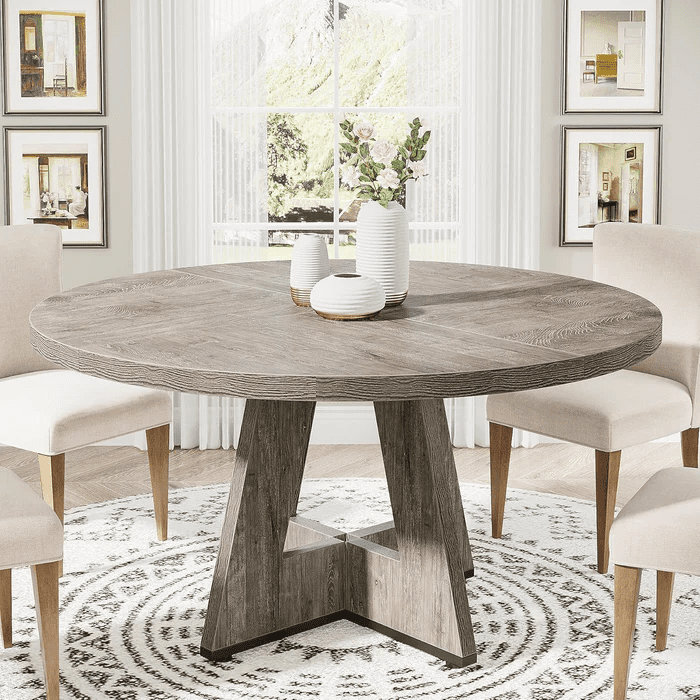 47" Round Dining Table for 4, Wooden Farmhouse Kitchen Table, Sturdy Dinner Table for Family Meals & Gatherings