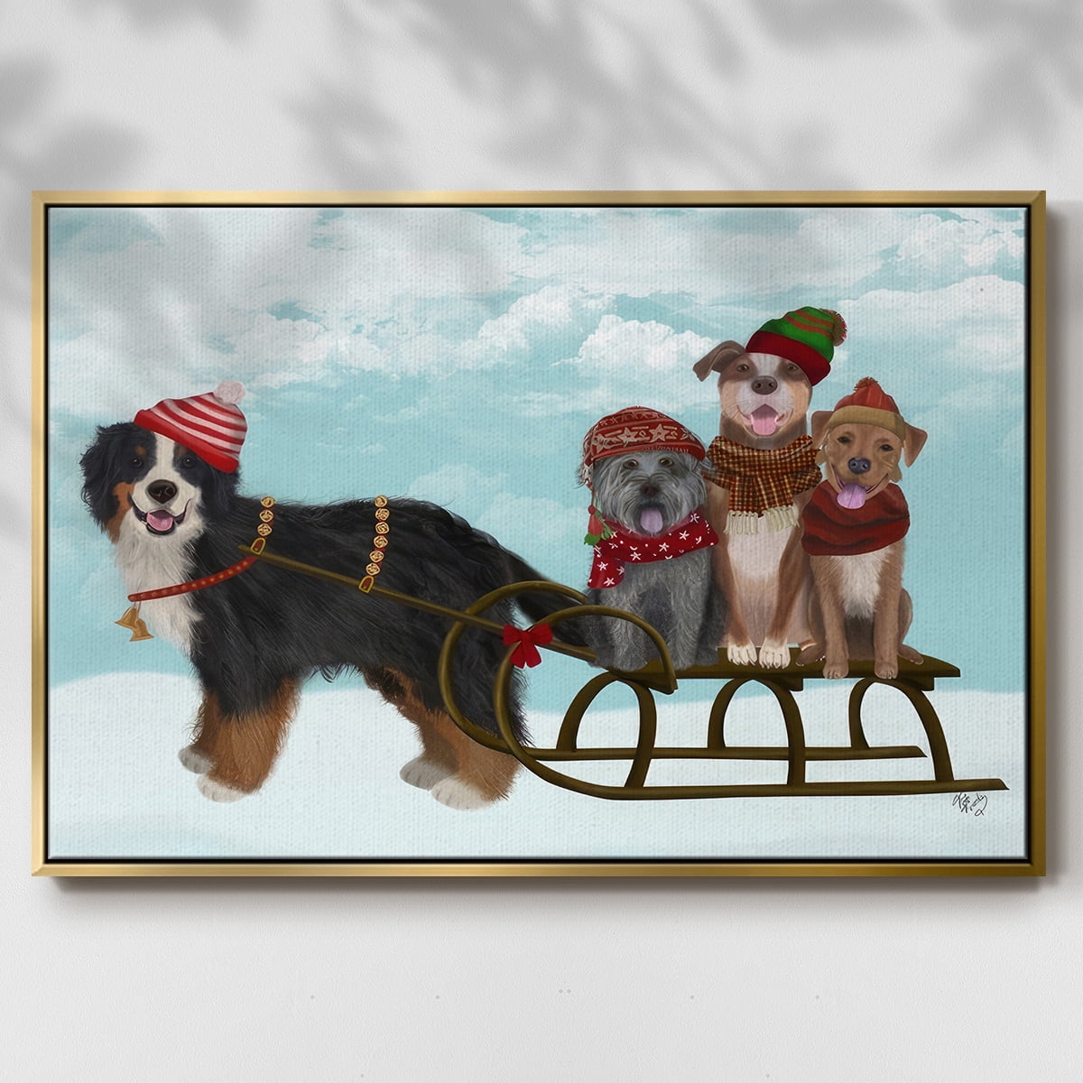 Christmas Mutt Sled - Framed Gallery Wrapped Holiday Canvas - 17 x 25 - Gold Frame