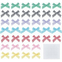 140 Pcs Mini Gingham Ribbon Bows with 200 pcs Stickers 7 Color Checkered Ribbon Bows for DIY Craft Colorful Bow Tie Appliques for Sewing Gift Wrapping Scrapbooking and Hair Decoration