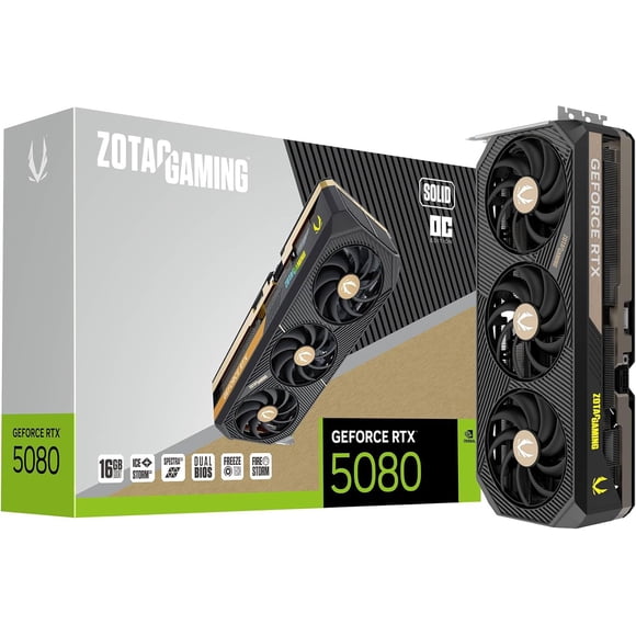 ZOTAC Gaming GeForce RTX 5080 Solid OC DLSS 4 16 Go GDDR7 256-bit 30 Gbps PCIE 5.0 Carte Graphique de Jeu, Refroidissement Avancé IceStorm 3.0, Éclairage ARGB Spectra 2.0, ZT-B50800J-10P