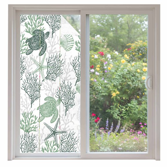 Sage Green Coastal Window Privacy Film, Sea Turtle Nautical Coral Summer Beach Static Cling UV Sun Blocking Heat Control Window Tint, Non-Adhesive One Way Windows Privacy Cover 35.4''x78.7''