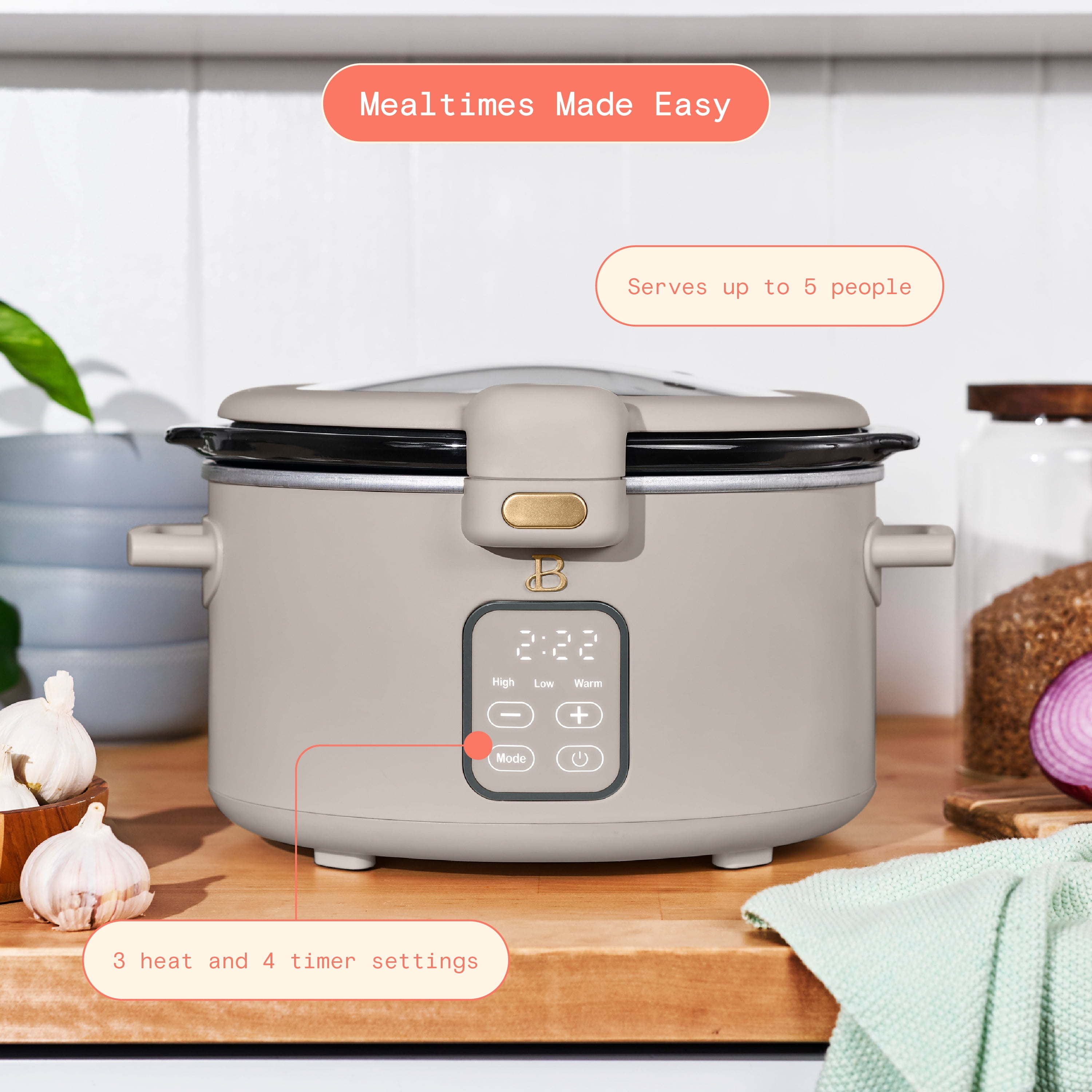 Beautiful 4 Qt Digital Slow Cooker with Hinged Locking Lid, Porcini Taupe by Drew Barrymore