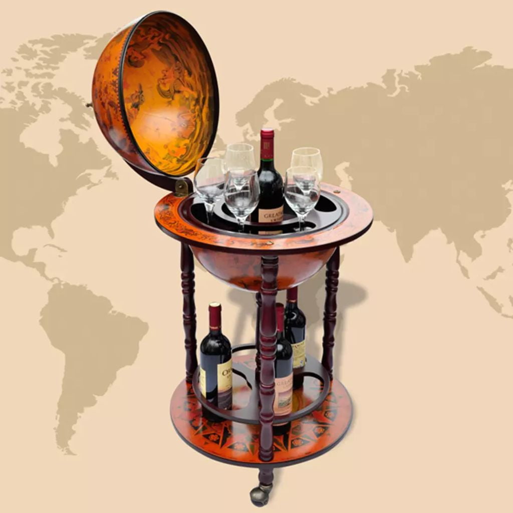 Kepooman 16th Century Italian Replica Globe Bar Cart Wine Bar Stand with Wheels, Brown