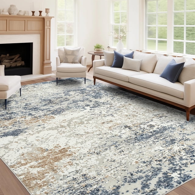 Alfombra lavable abstracta Art&Tuft, 213 x 274 cm, antideslizante, azul marino