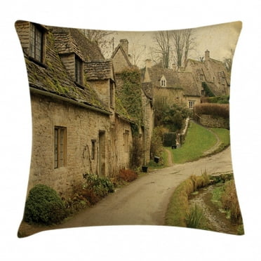 Farm House Decor Throw Pillow Cushion Cover, British Town with Stone Houses Retro England Countryside Buildings Image, Decorative Square Accent Pillow Case, 16 X 16 Inches, Grey Green, by Ambesonne
