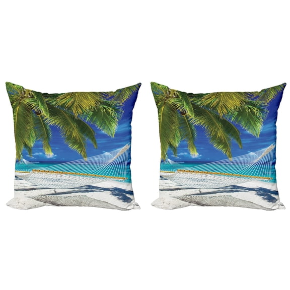Ambesonne Beach Throw Pillow Cover 2 Pack, Sandy Palm Coconut Sea, 16", Cream Navy Green