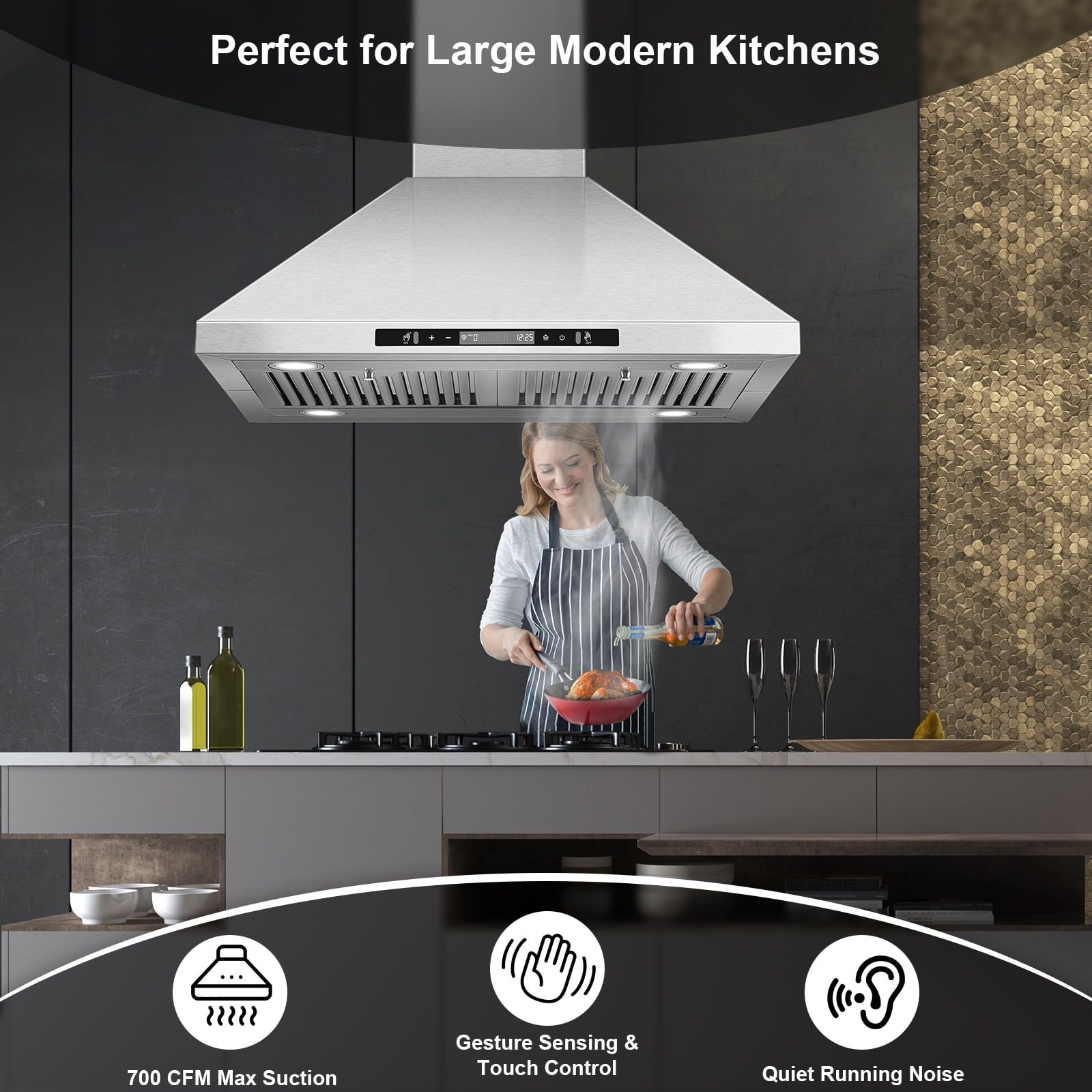 30" Stainless Steel Island Range Hood - 700CFM 120V with Touch Control, 3-Speed & LED Lights (65dB Quiet)‌