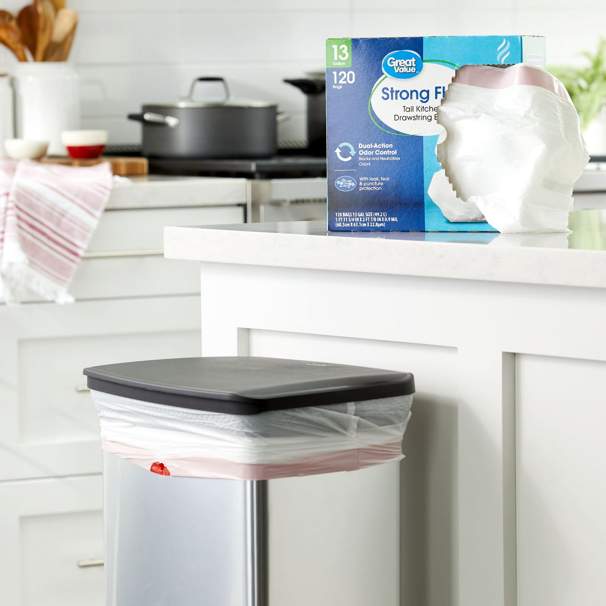 Strong Flex 13-Gallon Drawstring Tall Kitchen Trash Bags, Fresh Scent, 120 Bags