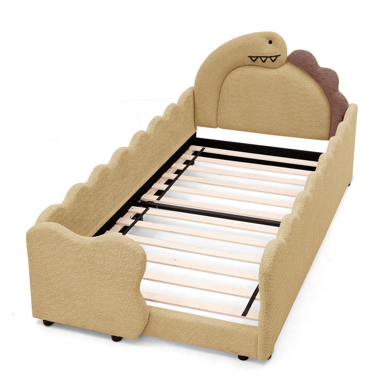 Twin Size Upholstered Platform Bed with Dinosaur Shaped Headboard, Boucle Fabric Kids Bed with Slats Support, Space-Saving Daybed for Girl, Boy, Teenager