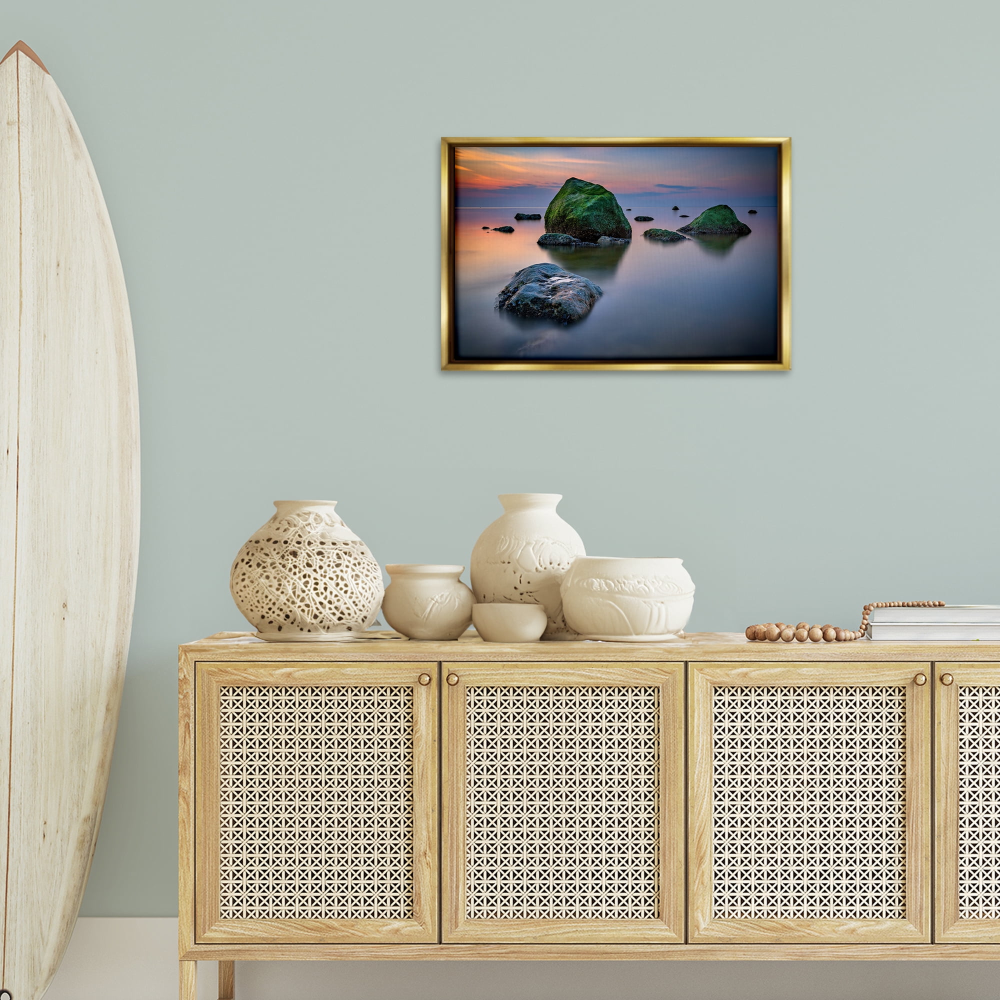 Stupell Industries Mossy Rocks Protruding Sea Landscape & Nature Photography Gold Floater Framed Canvas Art Print Wall Art, 25 x 17