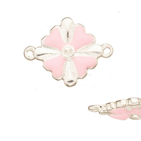 Pink Enamel Petal Enamel Link, Pink Heart Petal Flower Silver Plated 22x2.7mm 3pcs/pack (3-pack Value Bundle), SAVE $2 ()