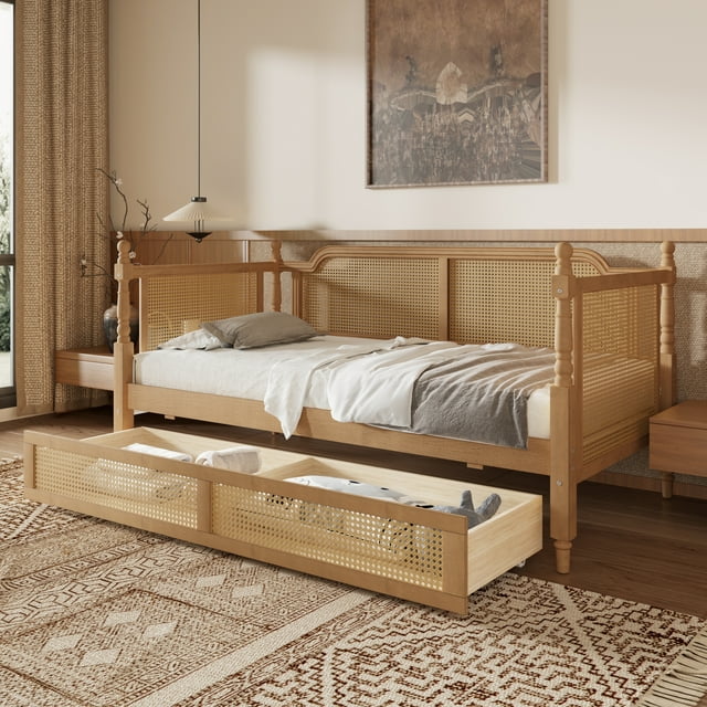 Noble House Twin Size Daybed with 2 Drawers Traditional Style Rattan for Limited Space, Guest Room, No Box Spring Needed,Antique Walnut