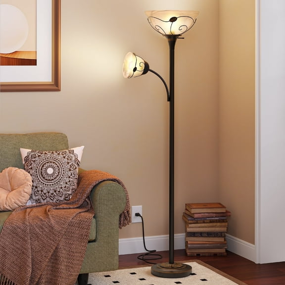 Dextrus 71'' Traditional Torchiere Floor Lamp with Hand-Painted Bronzed Pattern, 3-Way Switch, and Alabaster Glass Shades for Living Room, Bedroom, and Home Office