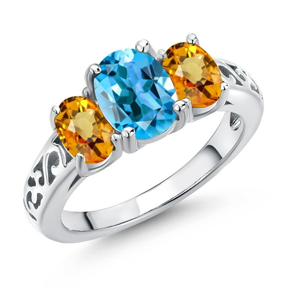 Gem Stone King 925 Sterling Silver Swiss Blue Topaz and Yellow Sapphire Filigree Style 3 Stone Ring for Women (2.73 Cttw, Oval 8X6MM and 6X4MM) (Size 5)