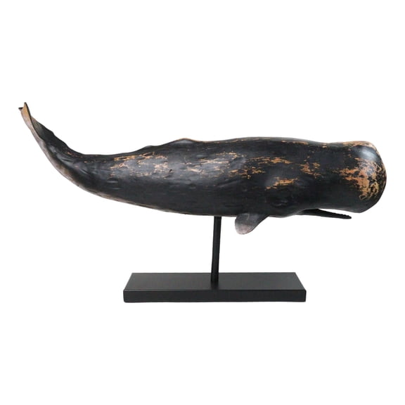 30"L Large Nautical Marine Sperm Whale Fish Faux Wood Sculpture On Pole Stand